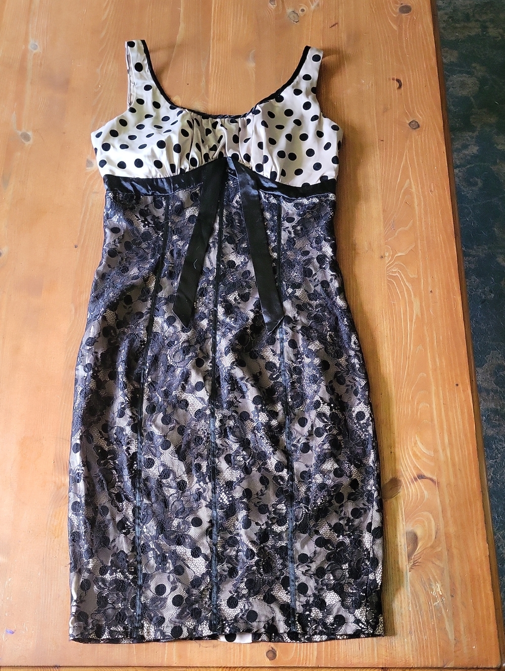 Pinup Couture Black and White Polka Dot Lace Trim Midi Dress